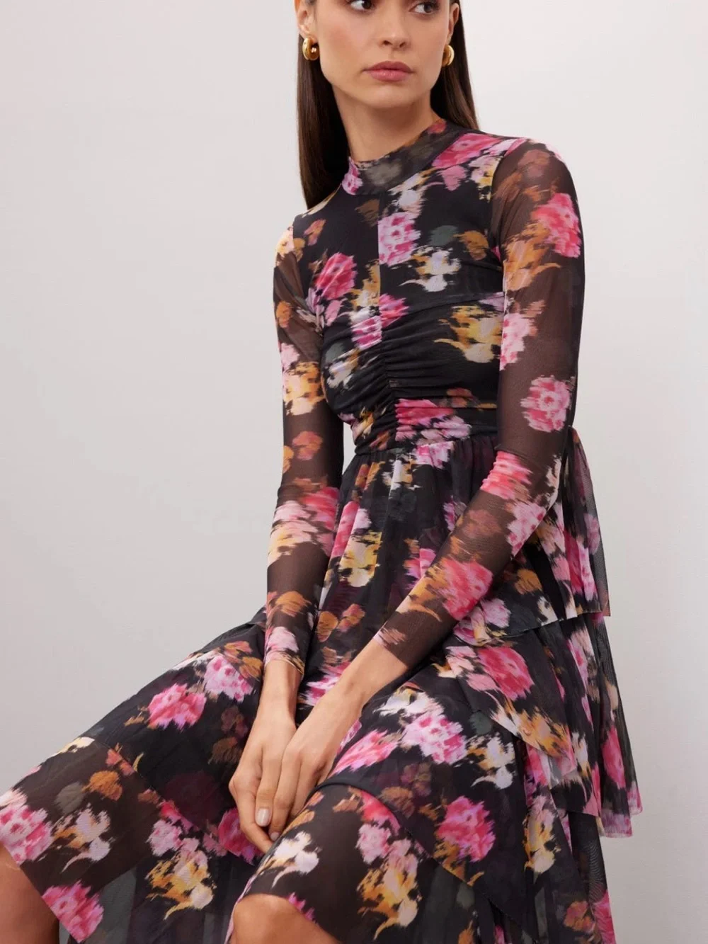 Ted Baker Sheer Floral Tiered Long-Sleeve Midi Dress in Black and Pink
